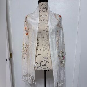 Embroidered White Shawl with Floral Accents